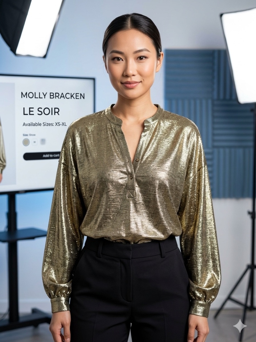 Molly Bracken Shimmery Gold Henley Blouse